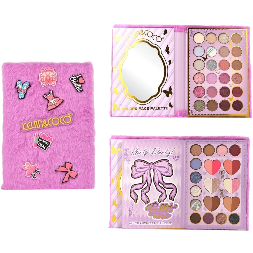 KEVIN & COCO 42 color Girls Party purple fuzzy face palette featuring pink, mauve, silver and brown matte and shimmer shades with heart and bow design packaging.