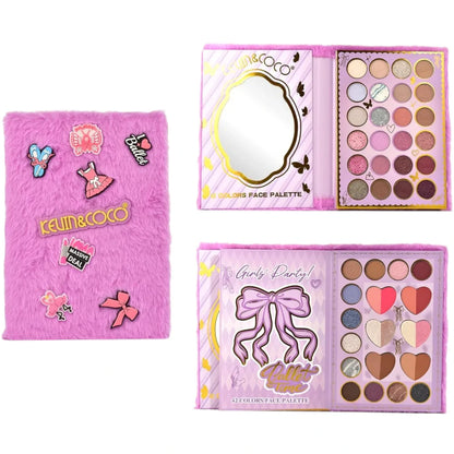 KEVIN & COCO 42 color Girls Party purple fuzzy face palette featuring pink, mauve, silver and brown matte and shimmer shades with heart and bow design packaging.