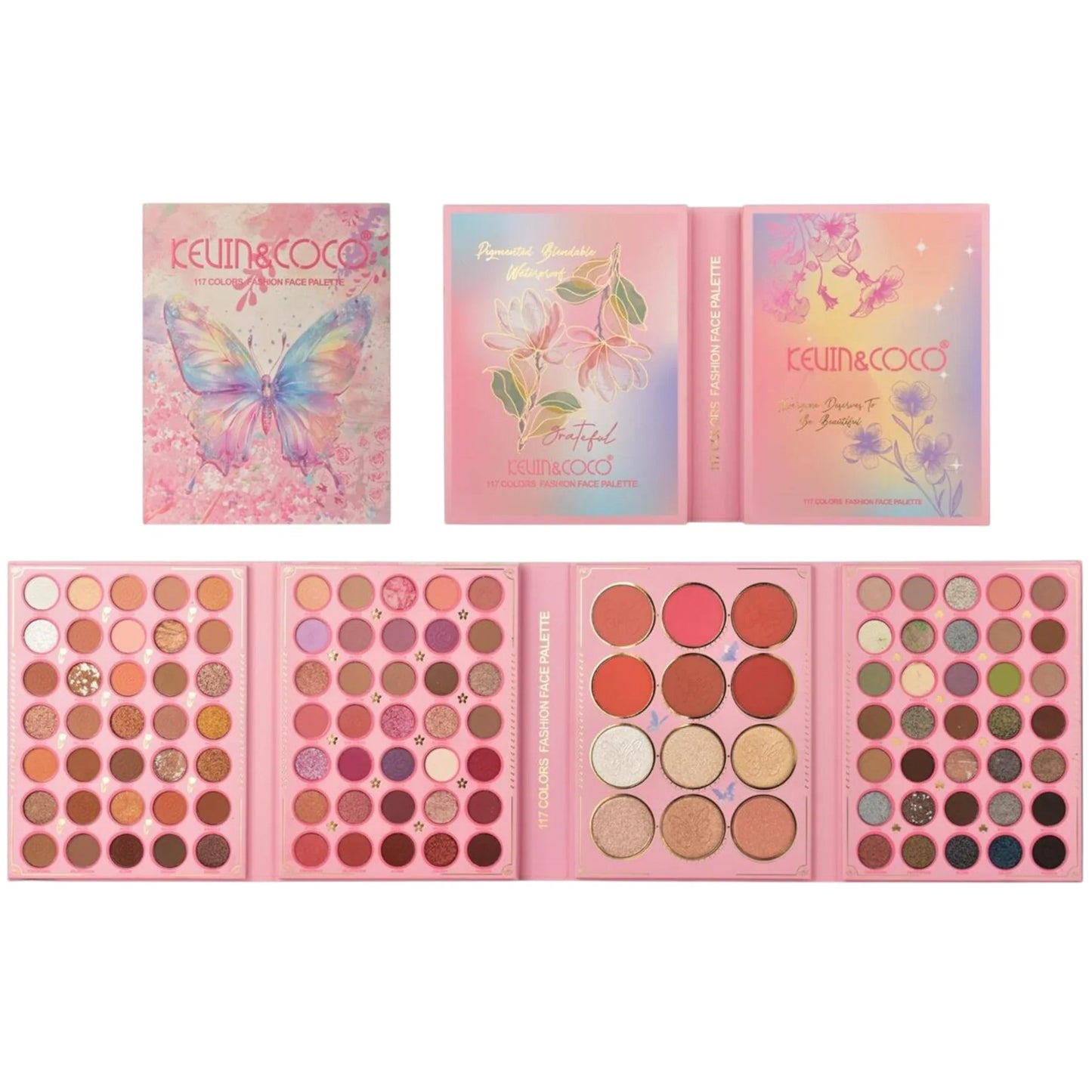KEVIN & COCO 117 color fashion face palette pink butterfly edition with multi-panel design featuring eyeshadows, blush, and highlighters in matte and shimmer finishes.