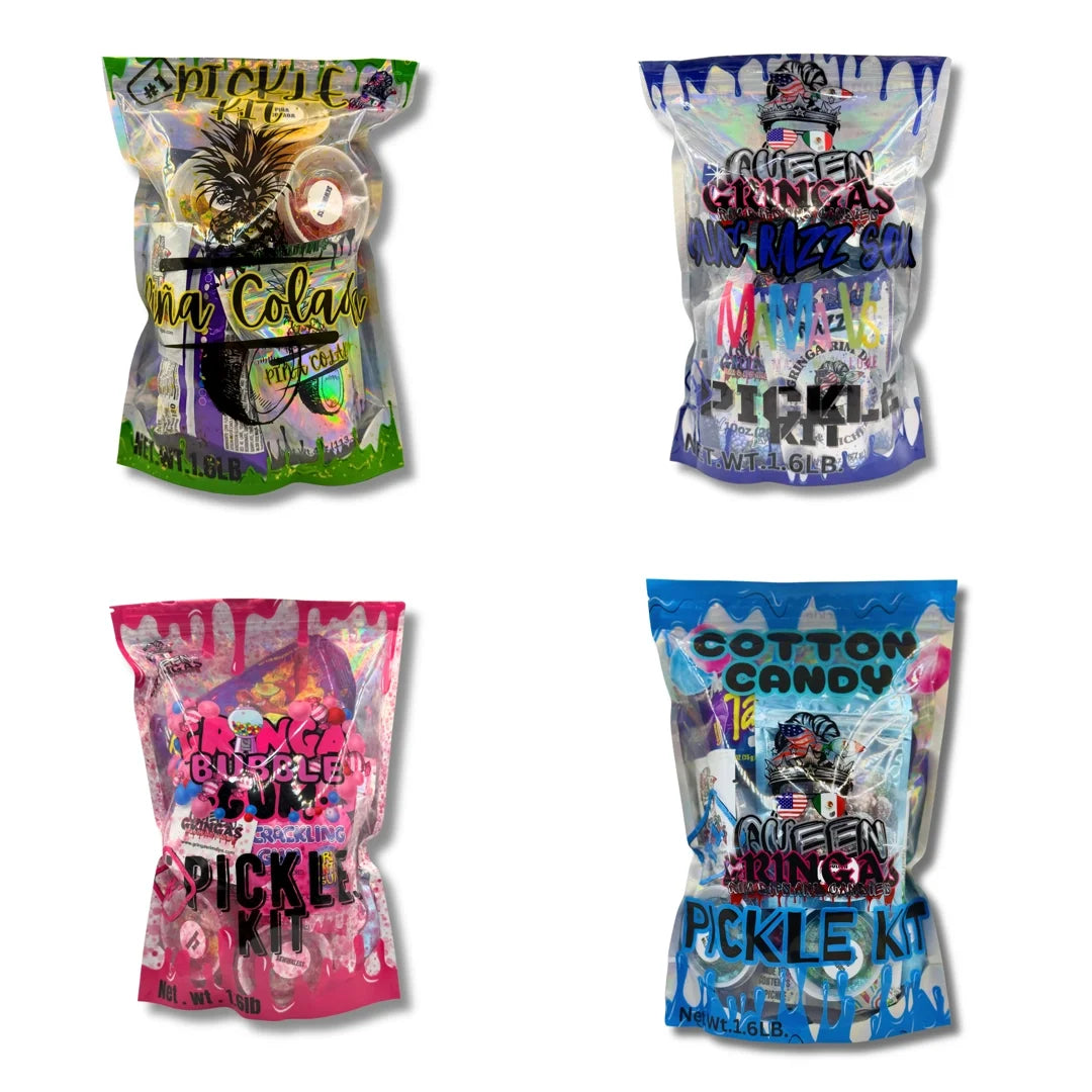 Four Gringa’s Viral Pickle Kit bags in Piña Colada, King Razz Sour, Gringa Bubblegum, and Cotton Candy flavors with holographic packaging.