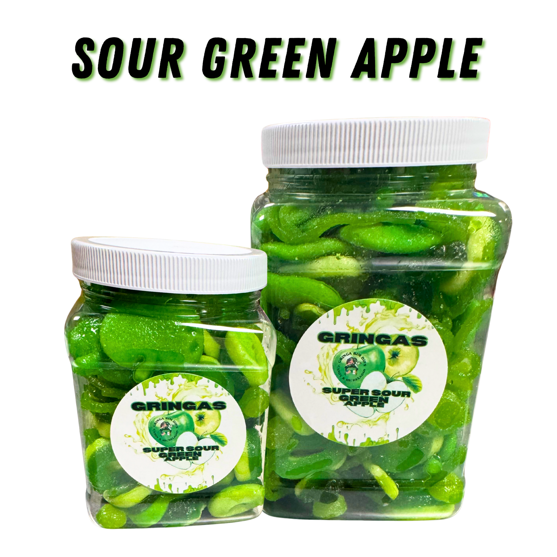 Two jars of Gringas Sour Green Apple gummy candies on a white background