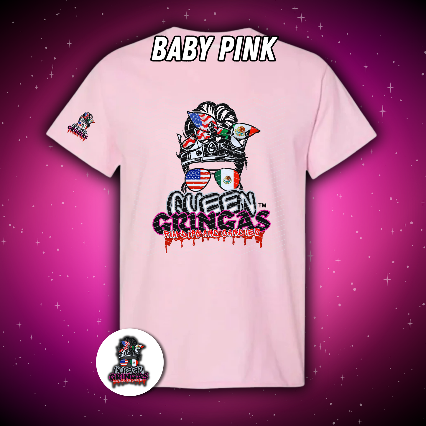 Pink t-shirt with 'Queen Gringas' design on a purple starry background