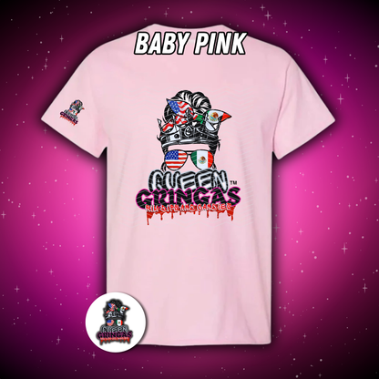 Pink t-shirt with 'Queen Gringas' design on a purple starry background