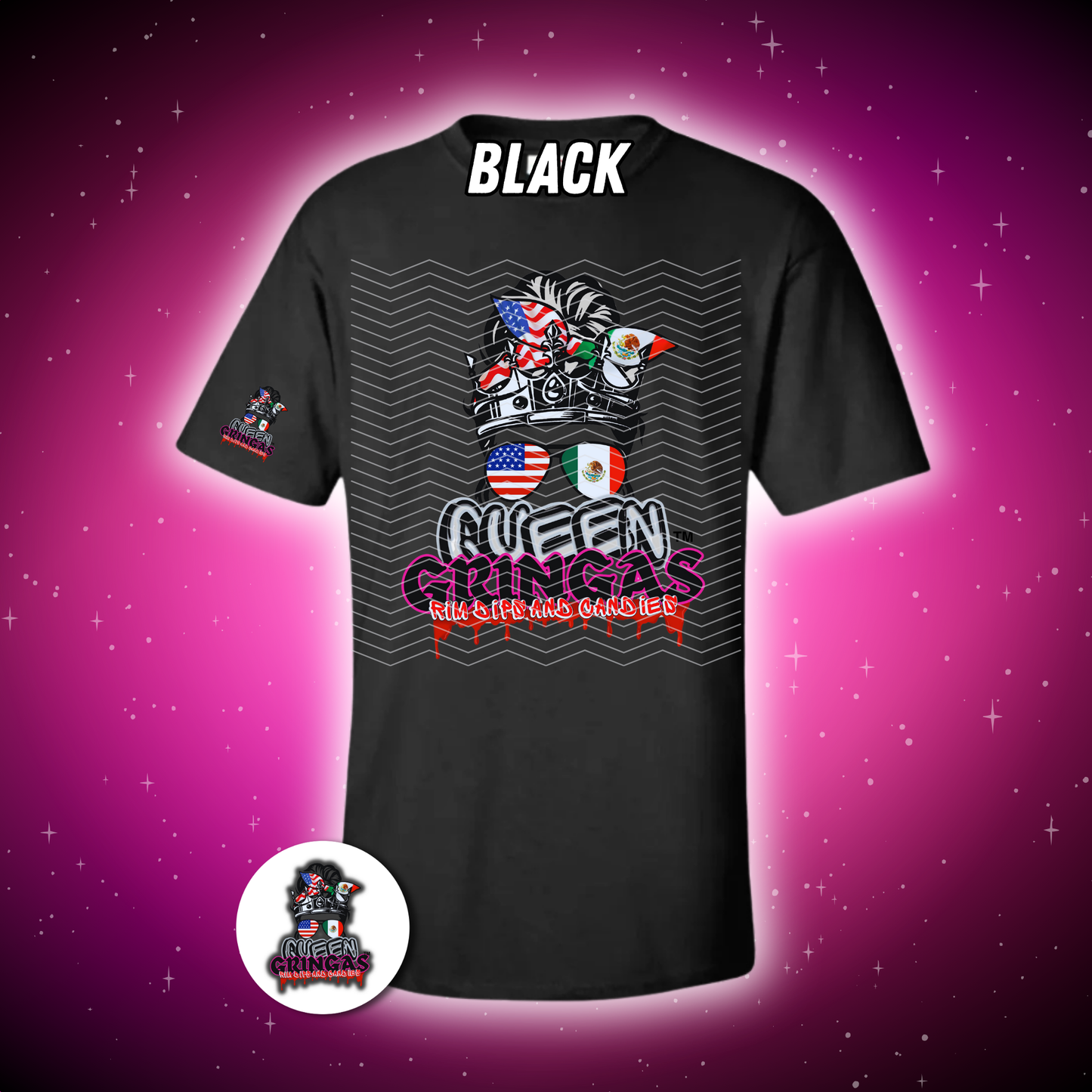 Black t-shirt with graphic design on a purple background