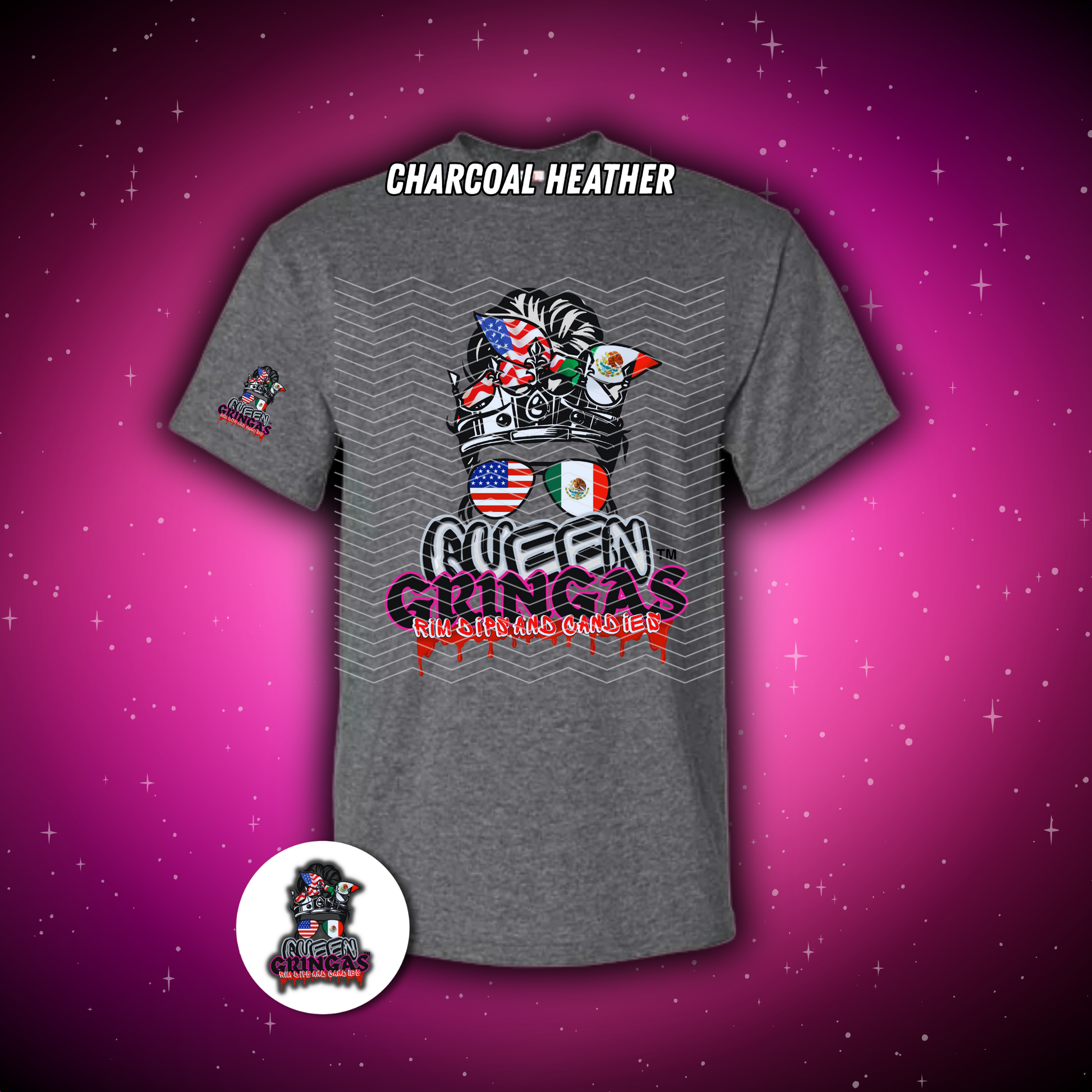 Gray t-shirt with graphic design and text on a purple background