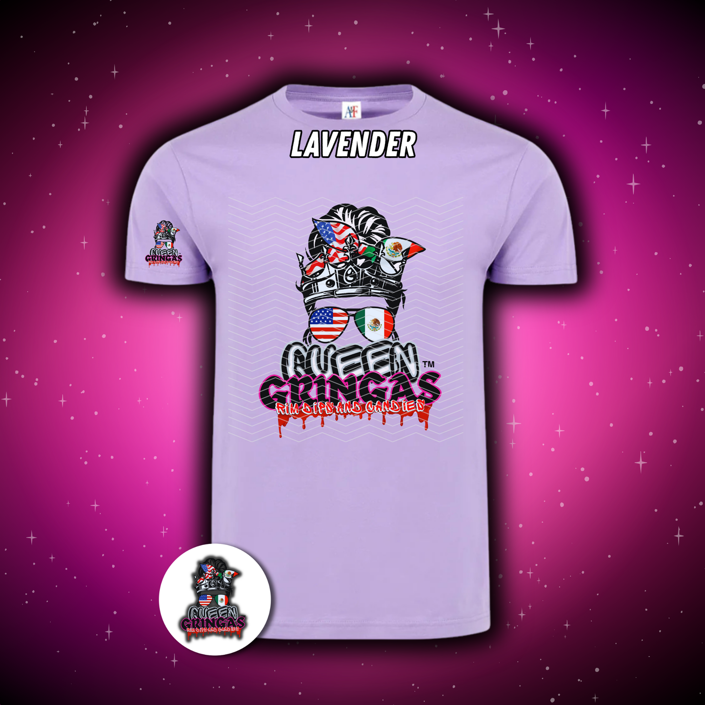 Lavender t-shirt with graphic design and text on a purple starry background