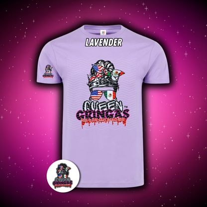 Lavender t-shirt with graphic design and text on a purple starry background