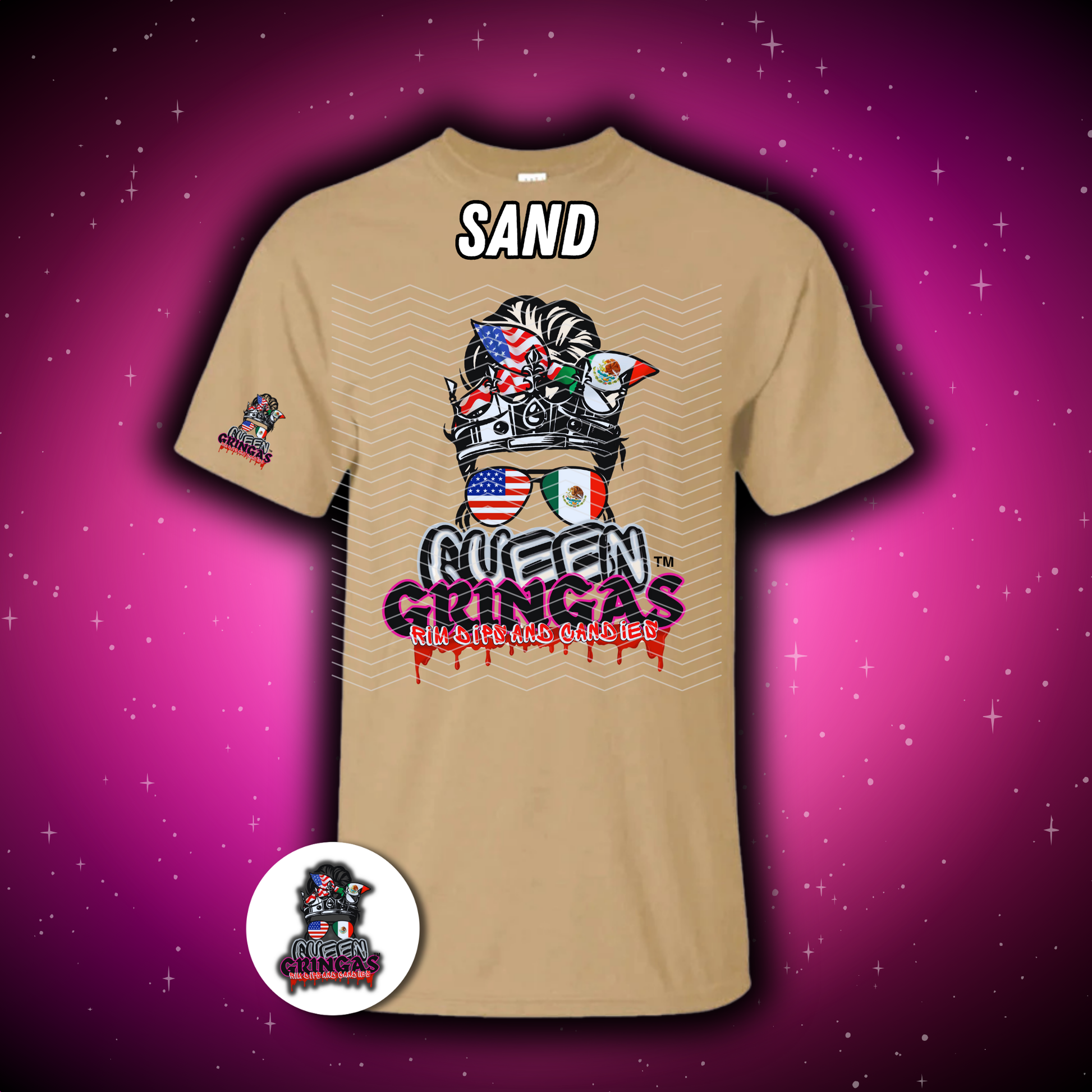 Beige t-shirt with graphic design and text on a purple background