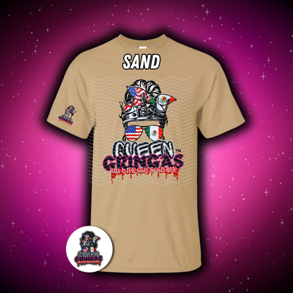 Beige t-shirt with graphic design and text on a purple background