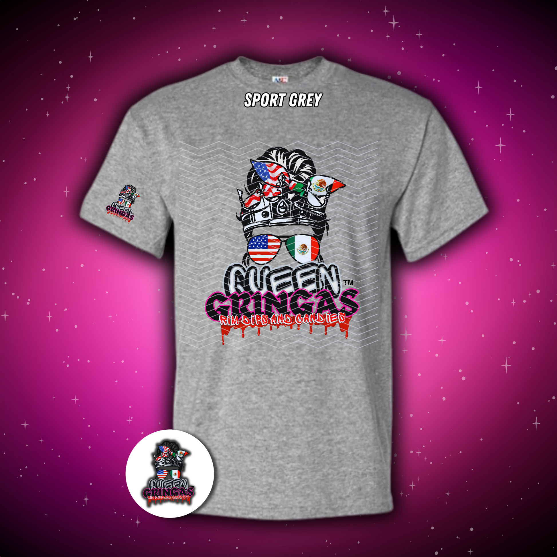 Gray t-shirt with colorful graphic design on a purple background