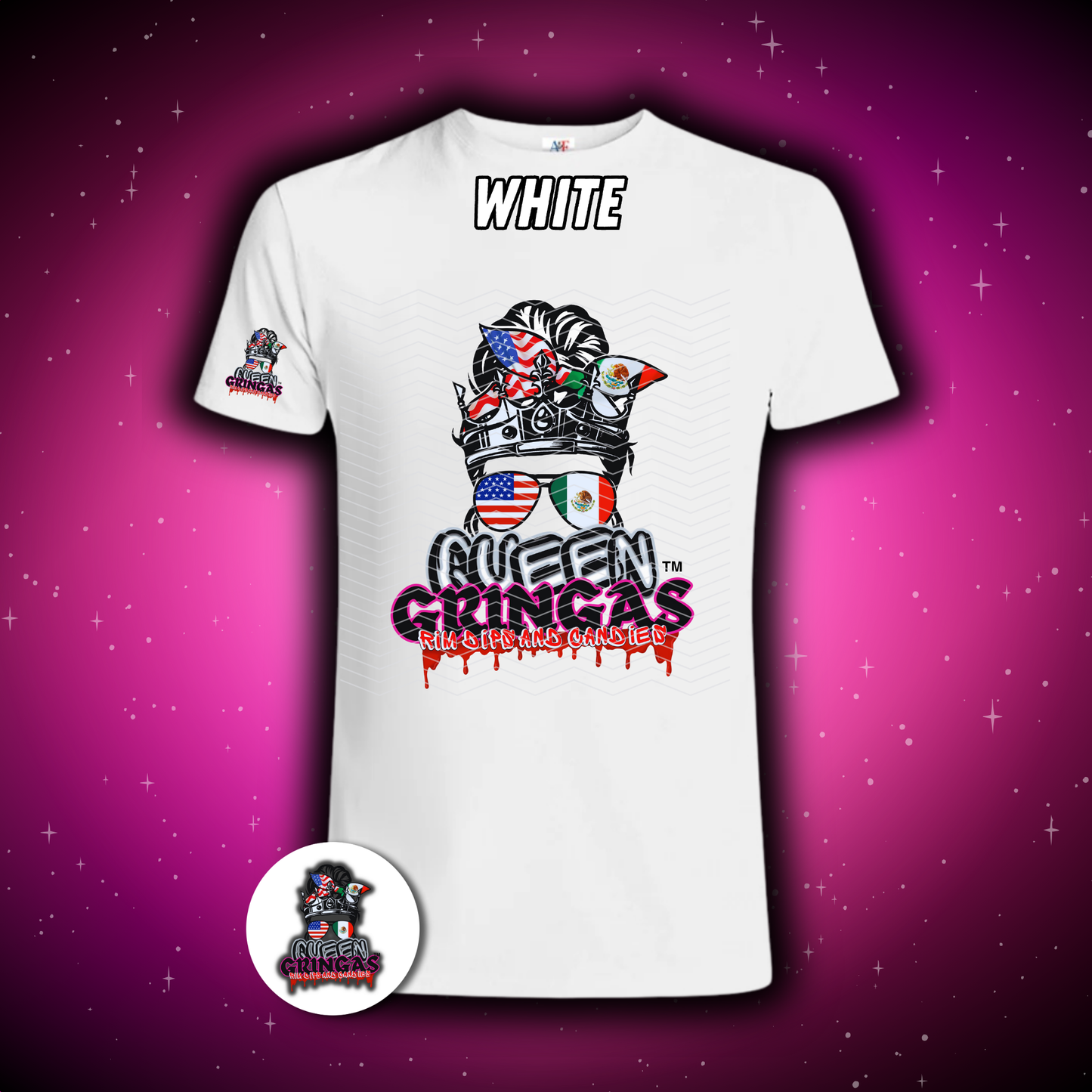 White unisex t-shirt with Queen Gringa logo featuring American and Mexican flag bandana, graffiti-style dripping text, and sleeve logo, available up to 5XL in multiple colors.