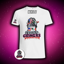 White unisex t-shirt with Queen Gringa logo featuring American and Mexican flag bandana, graffiti-style dripping text, and sleeve logo, available up to 5XL in multiple colors.